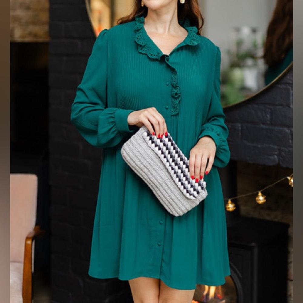 Sezane Teal Green Long Sleeve Ruffled Collar Dress